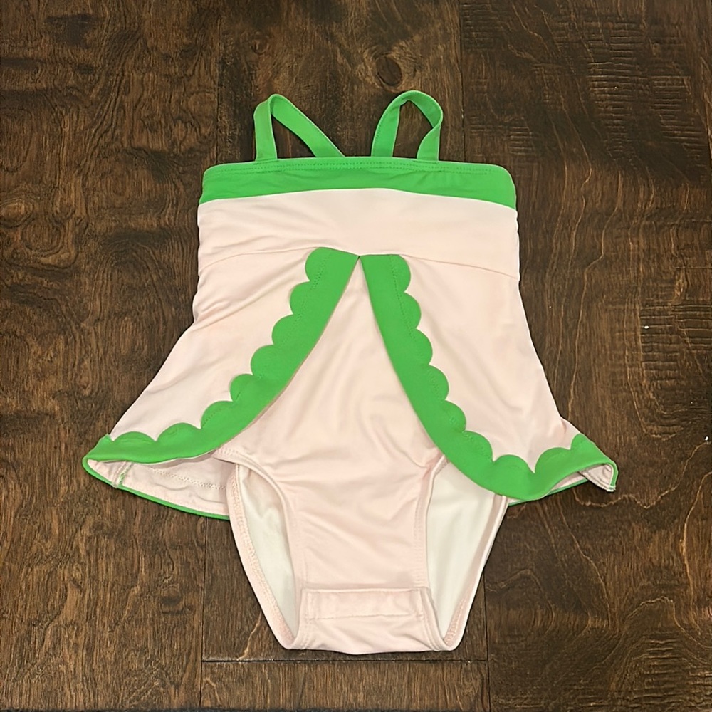 Beaufort Bonnet Company Pink & Green Stratford Scalloped Swimsuit 0-6 m EUC